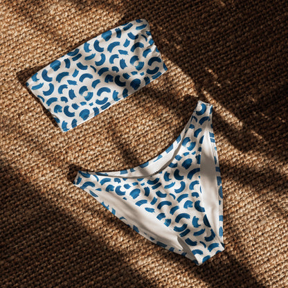 Abstract Blue Arcs Print Recycled Bandeau Bikini Set