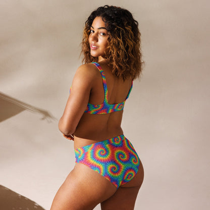 Rainbow Tie-Dye Print Recycled High-Waisted Bikini Set