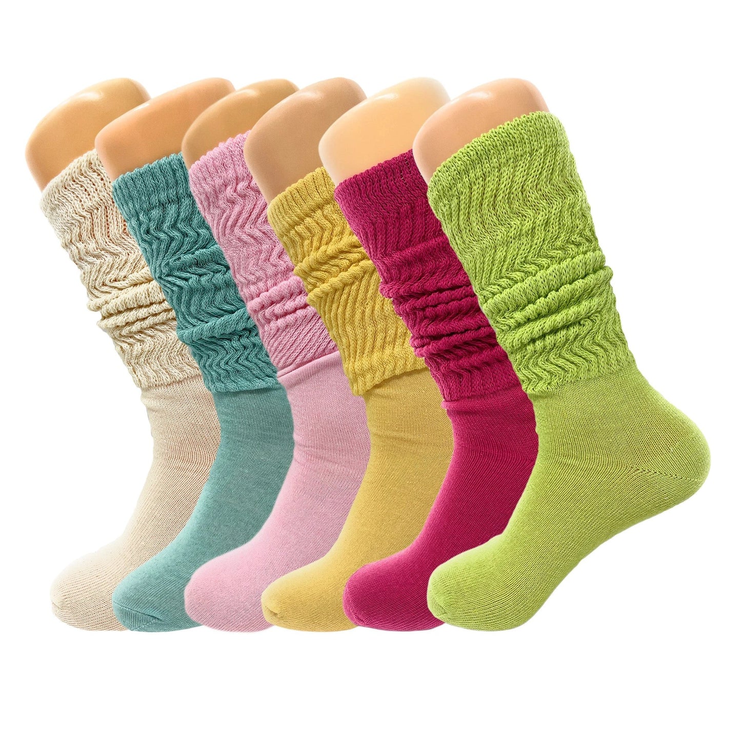 Women’s Slouch Socks 6 Pairs Cotton Scrunch Knee-High Shoe Size 5-10 by AWS/American Made