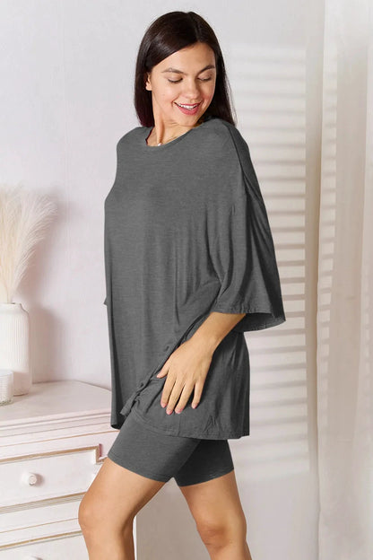 Basic Bae Full Size Soft Rayon Three-Quarter Sleeve Top and Shorts Set by Trendsi