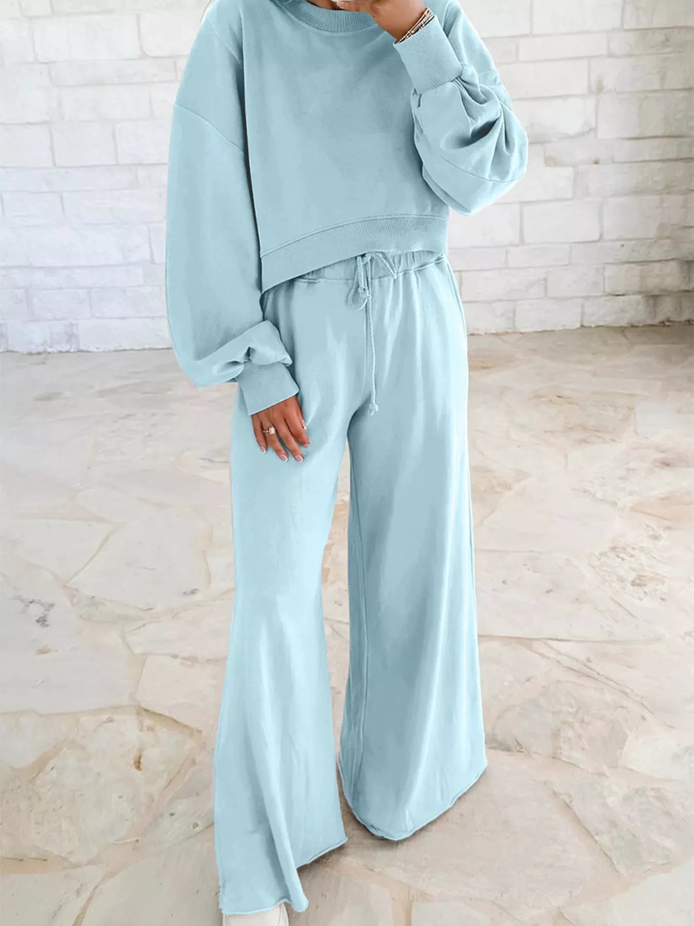 Drop Shoulder Puff Sleeve Crop Top and Drawstring Wide Leg Pants Set by Trendsi