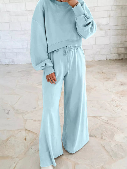 Drop Shoulder Puff Sleeve Crop Top and Drawstring Wide Leg Pants Set by Trendsi