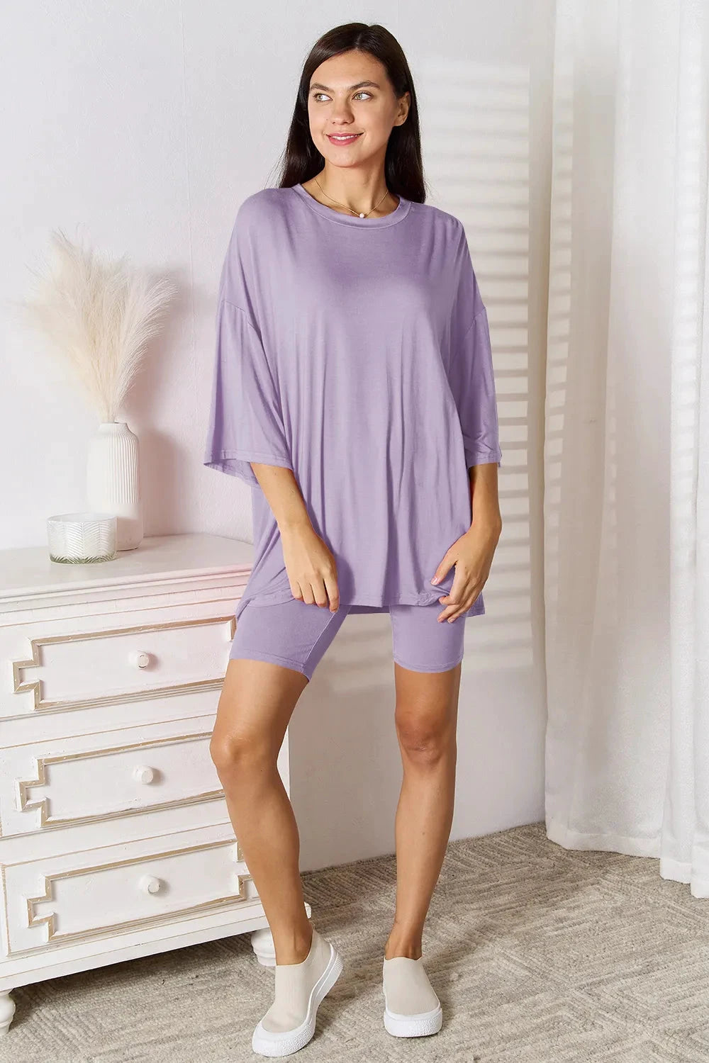 Basic Bae Full Size Soft Rayon Three-Quarter Sleeve Top and Shorts Set by Trendsi