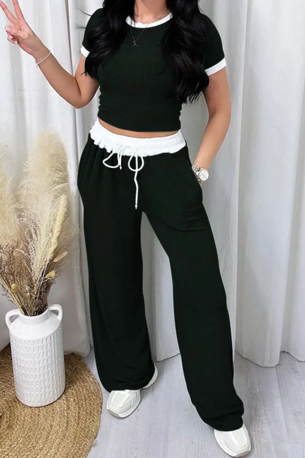Contrast Trim Round Neck Top and Pants Set by Trendsi