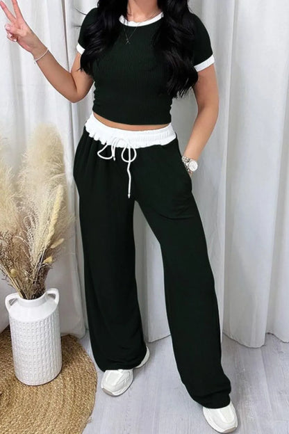 Contrast Trim Round Neck Top and Pants Set by Trendsi