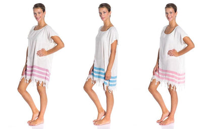 Soft 100% Turkish Cotton Swimsuit Cover Up Dress for Women Short Sleeve Beach Dress with Fringed Hem by M.O.S