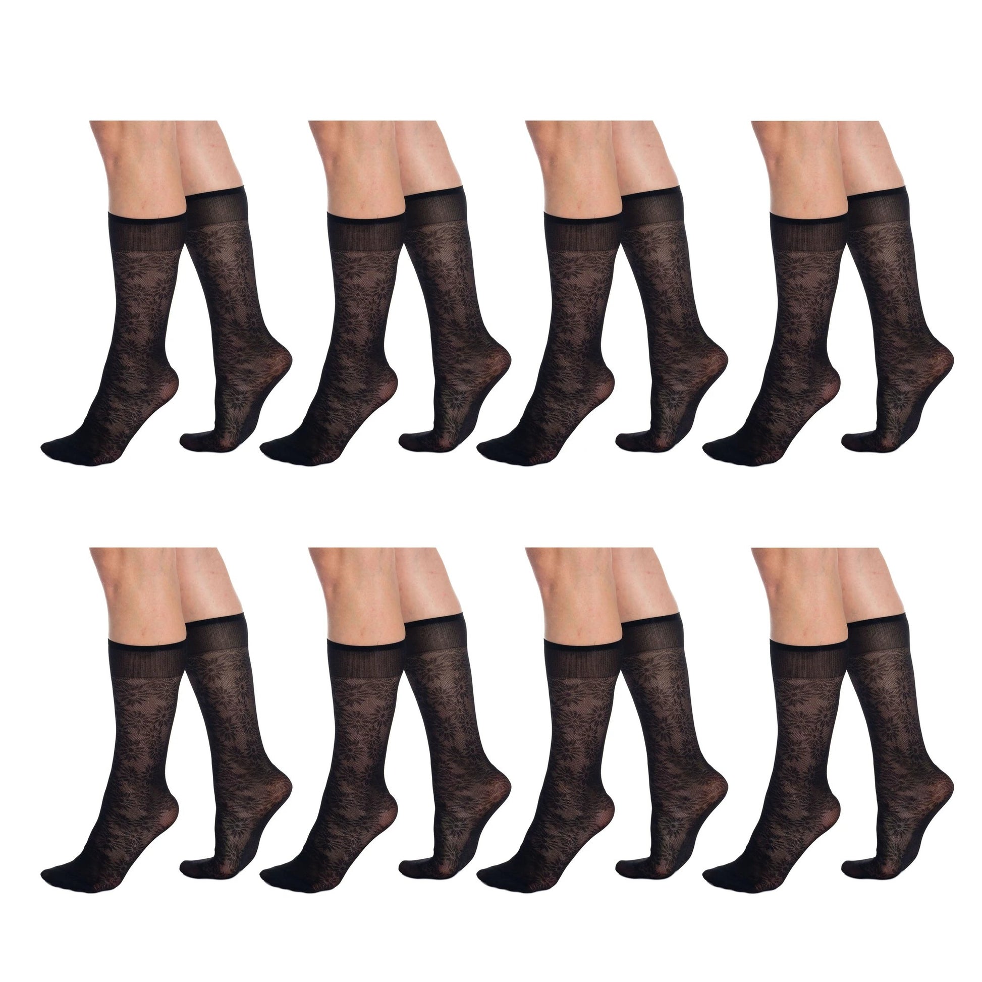 8 Pairs Sheer Knee High Socks for Women 15 Denier with Flower Patterned One Size by AWS/American Made