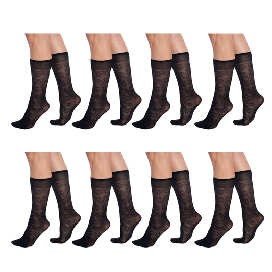 8 Pairs Sheer Knee High Socks for Women 15 Denier with Flower Patterned One Size-0