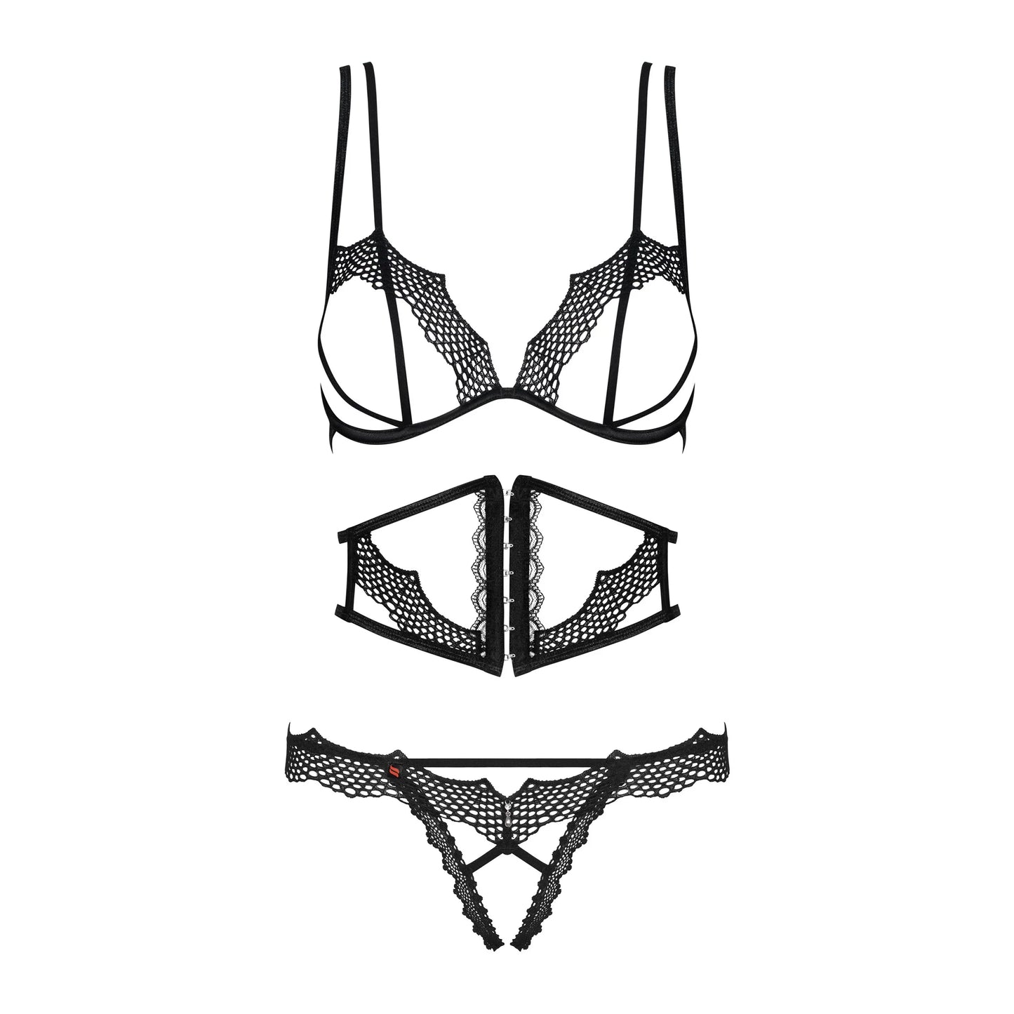 Obsessive Bravelle Open Cup Crotchless String 3 Piece Lingerie Set
