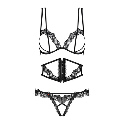Obsessive Bravelle Open Cup Crotchless String 3 Piece Lingerie Set