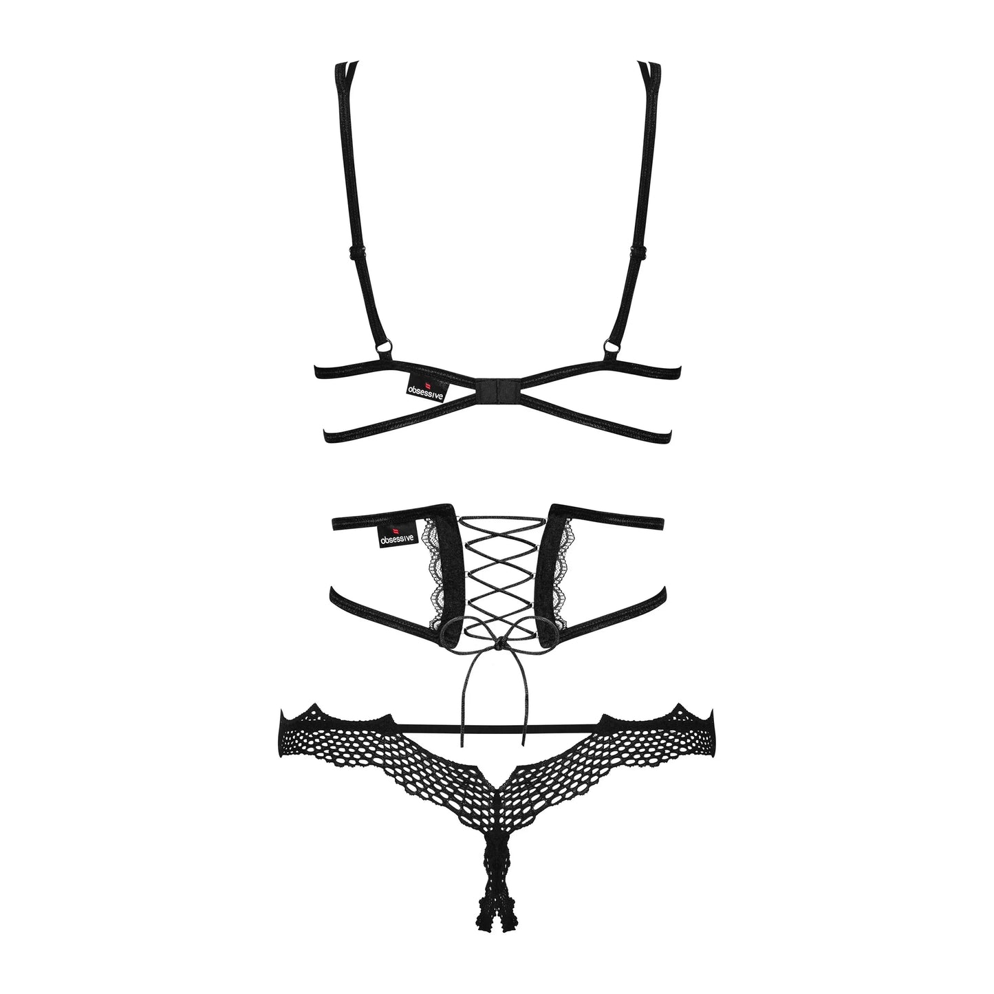 Obsessive Bravelle Open Cup Crotchless String 3 Piece Lingerie Set