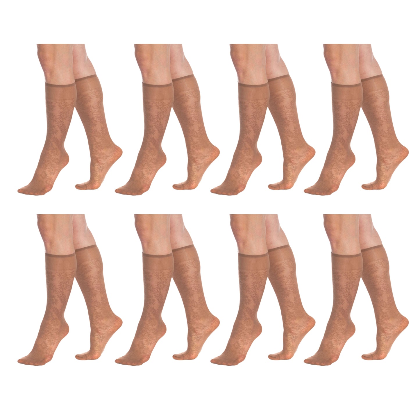 8 Pairs Sheer Knee High Socks for Women 15 Denier with Stay-Up Band One Size