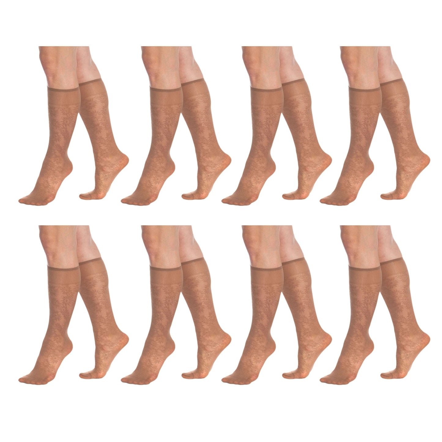 8 Pairs Sheer Knee High Socks for Women 15 Denier with Flower Patterned One Size by AWS/American Made
