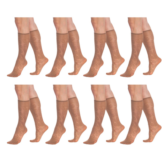8 Pairs Sheer Knee High Socks for Women 15 Denier with Flower Patterned One Size-1