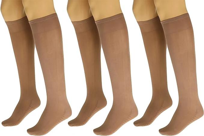 3 Pairs Women's Massage Nylon Sheer Knee High Stockings with Reinforced Toe – 70 Denier by AWS/American Made