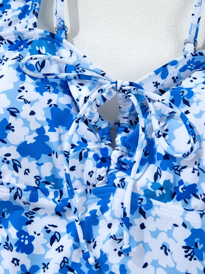 Floral Ruffled Strap Lace-up Hollow Out One Piece Swimsuit by Trendsi