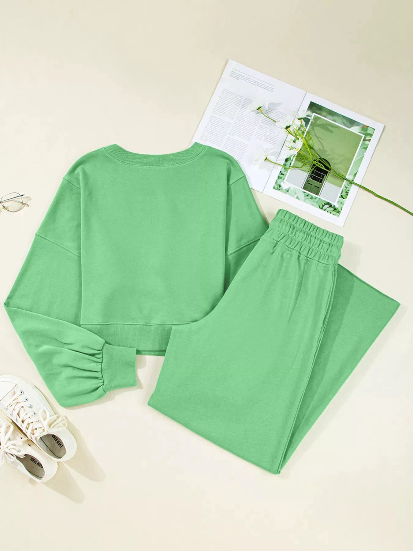 Drop Shoulder Puff Sleeve Crop Top and Drawstring Wide Leg Pants Set by Trendsi