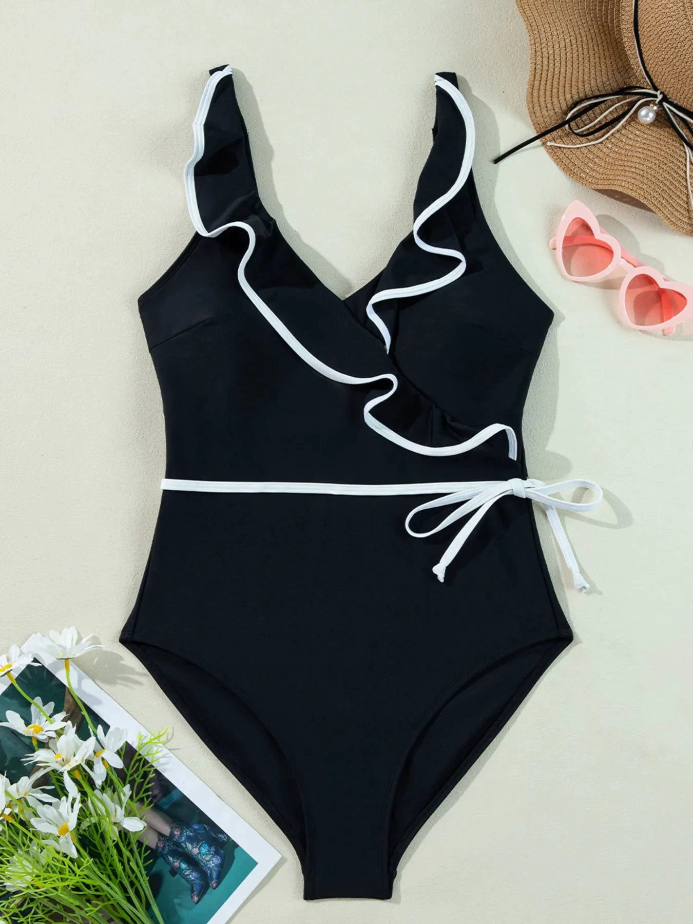 Ruffle Trim V-Neck One-Piece Swimsuit by Trendsi