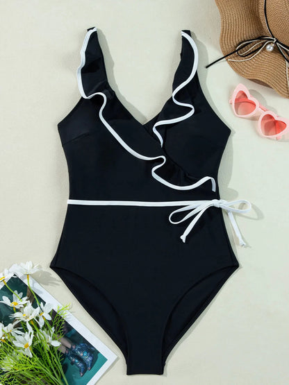 Ruffle Trim V-Neck One-Piece Swimsuit by Trendsi