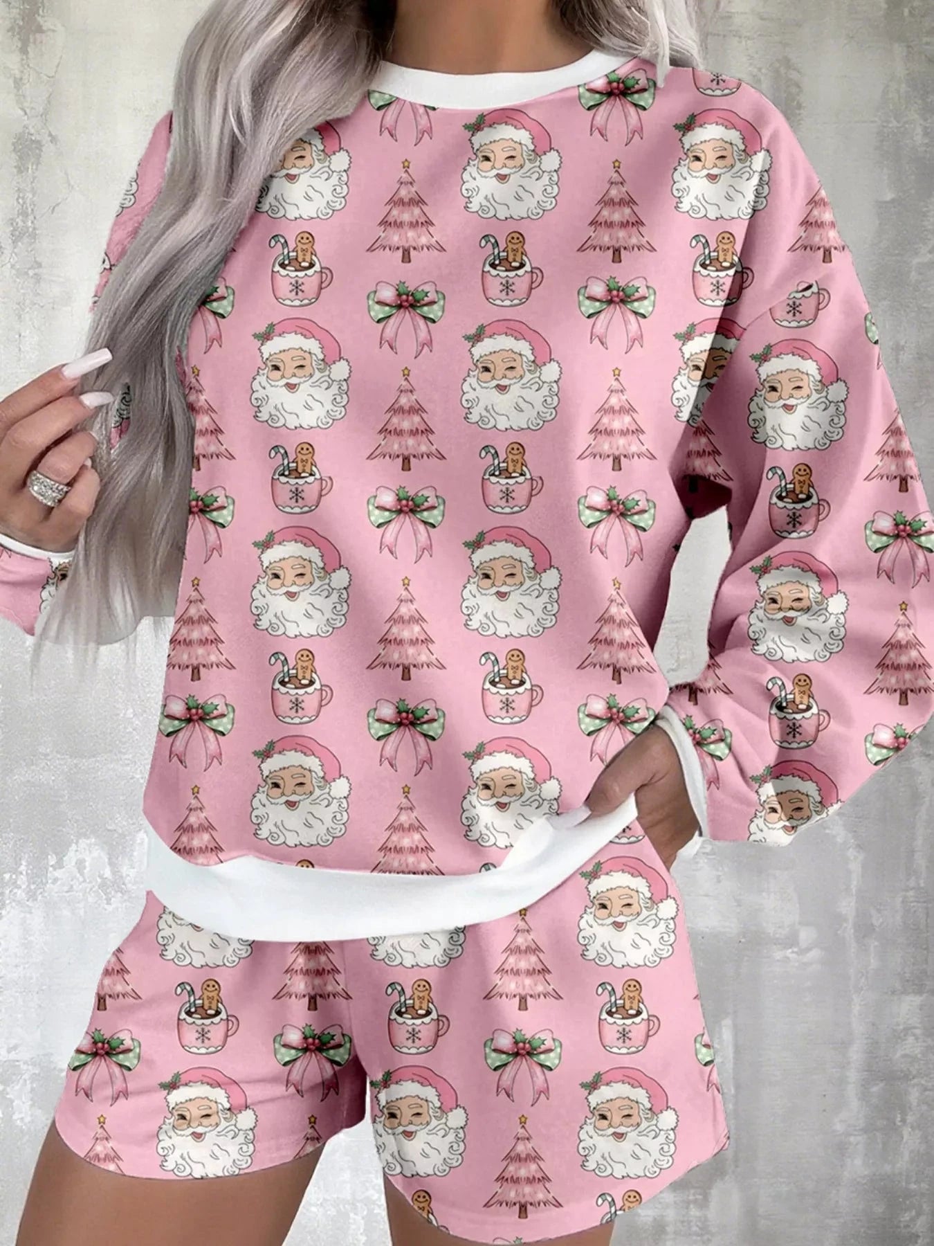 Christmas Santa Print Round Neck Top and Shorts Lounge Set by Trendsi