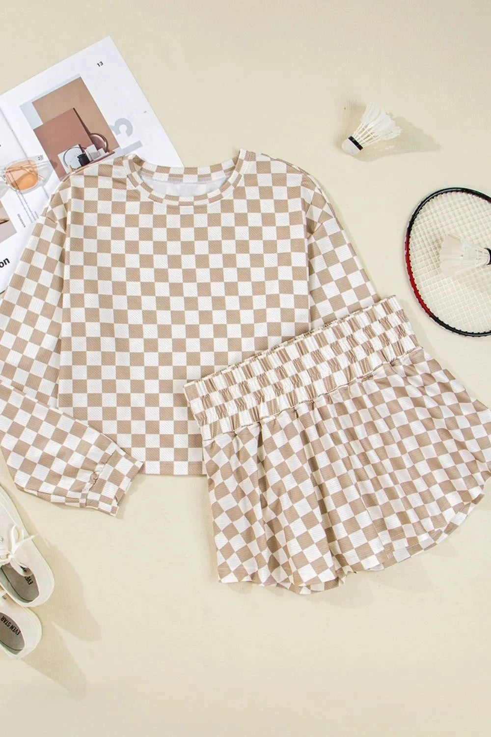 Checkered Long Sleeve Top and Skirt Two-Piece Set by Trendsi