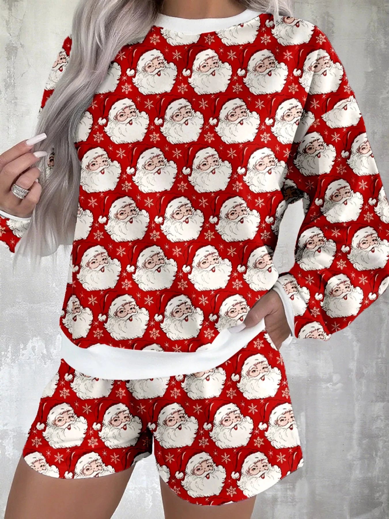 Christmas Santa Print Round Neck Top and Shorts Lounge Set by Trendsi