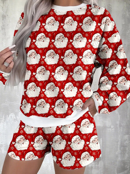 Christmas Santa Print Round Neck Top and Shorts Lounge Set by Trendsi