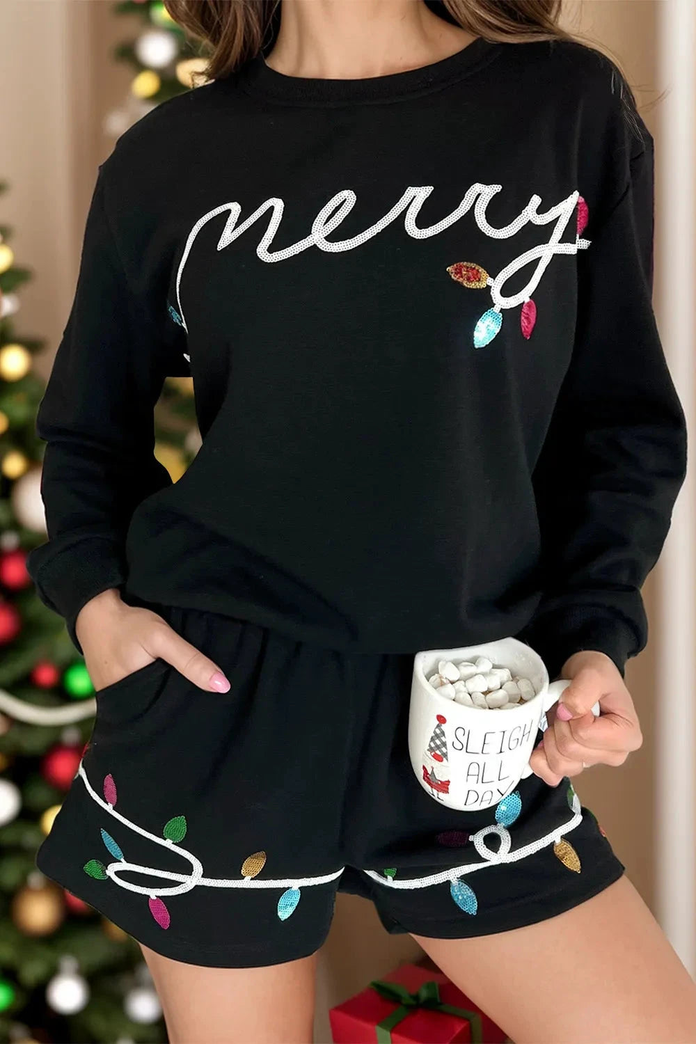 MERRY Sequin Round Neck Long Sleeve Top and Shorts Set by Trendsi