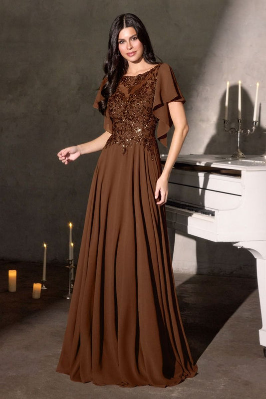 A-Line Silhouette Dress, Illusion Neckline, Sequin Embroidery and Ruffled Sleeves