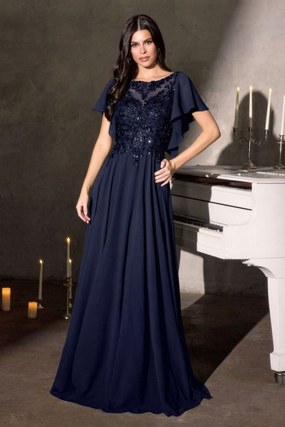 A-Line Silhouette Dress, Illusion Neckline, Sequin Embroidery and Ruffled Sleeves