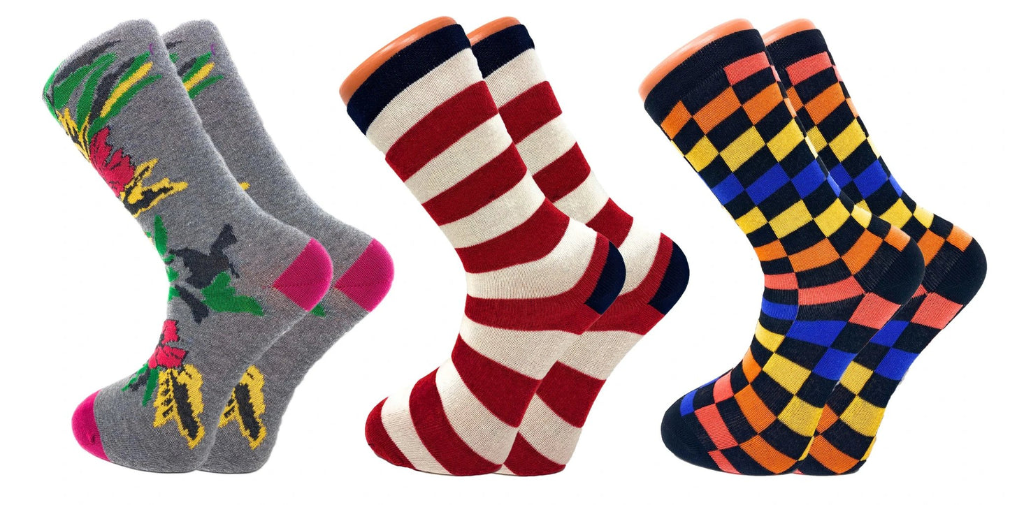 3 Pairs Colorful Fun Crazy Crew Dress Socks – Soft Cotton Blend, Novelty Pattern Socks for Men & Women by AWS/American Made