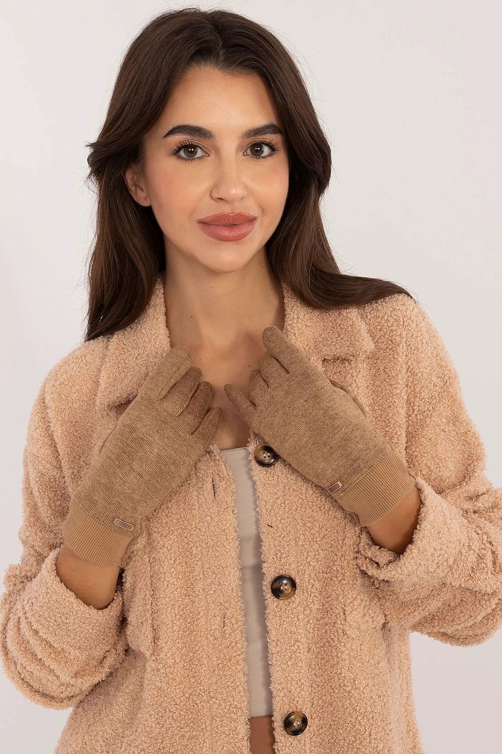 Ribbed Warm Gloves With Embroidered Flower On Index Finger by AT
