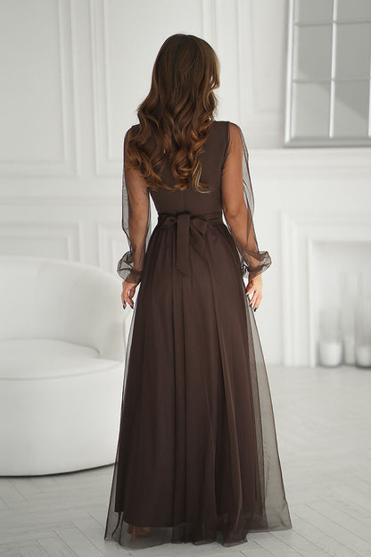 Bicotone Long Dress - Airy Fabric, Delicate Neckline, Cutout Design, and Belt for Elegance and Comfort by Bicotone