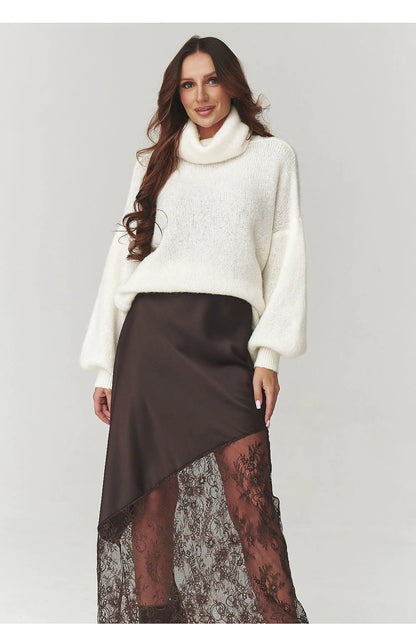 Makadamia Skirt Makadamia - Asymmetrical Brown Lace Women's Skirt with Elastic Waist Design by Makadamia