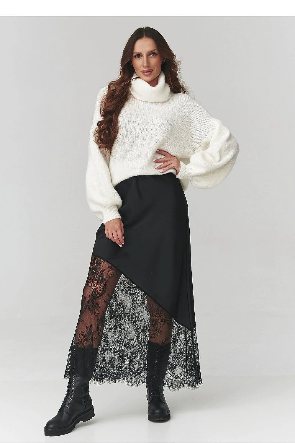 Makadamia Skirt Makadamia - Asymmetrical Brown Lace Women's Skirt with Elastic Waist Design by Makadamia