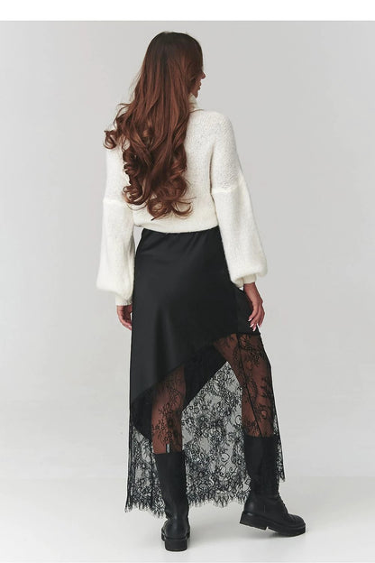 Makadamia Skirt Makadamia - Asymmetrical Brown Lace Women's Skirt with Elastic Waist Design by Makadamia