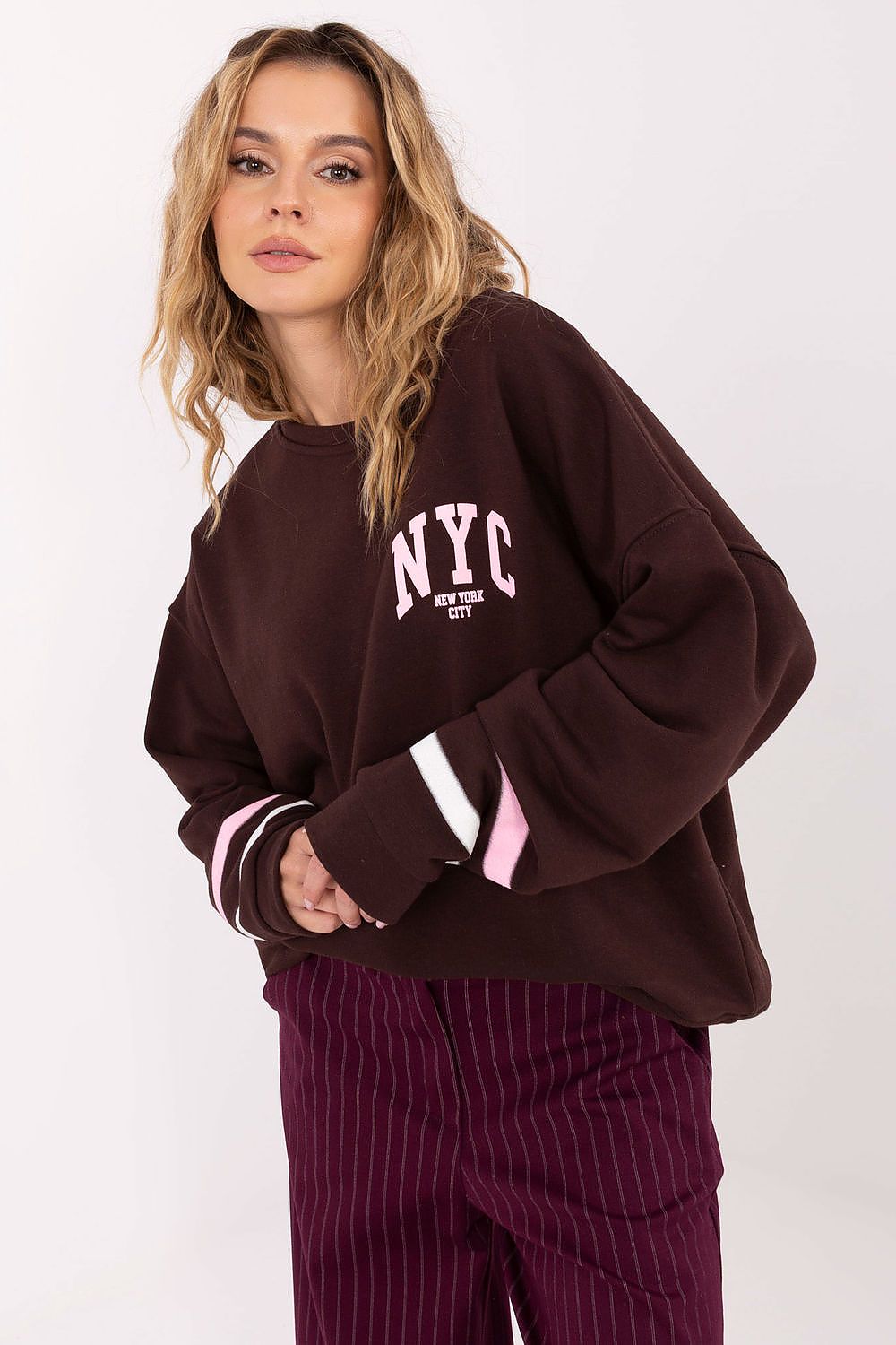 Sweatshirt Factory Women's Loose-Fitting Long Sleeve Sweatshirt - Comfortable Cotton Polyester Blend with Contrasting Stripes for Everyday Style by Factory Price