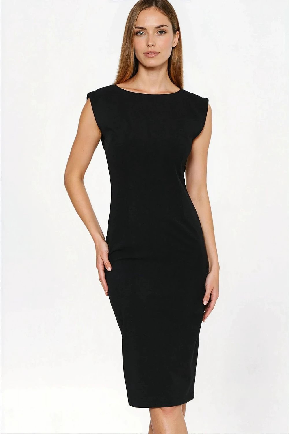 Daydress Nife - Elegant Black Knee-Length Fitted Dress with Round Front and V-Back Neckline for Women by Nife