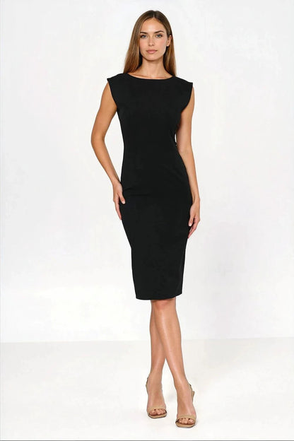 Daydress Nife - Elegant Black Knee-Length Fitted Dress with Round Front and V-Back Neckline for Women by Nife