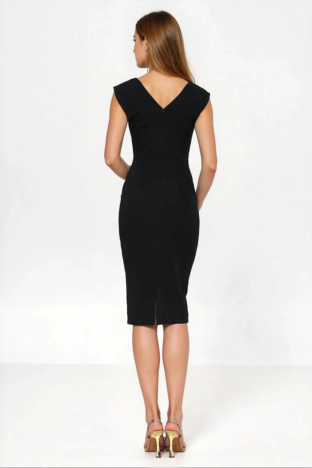 Daydress Nife - Elegant Black Knee-Length Fitted Dress with Round Front and V-Back Neckline for Women by Nife