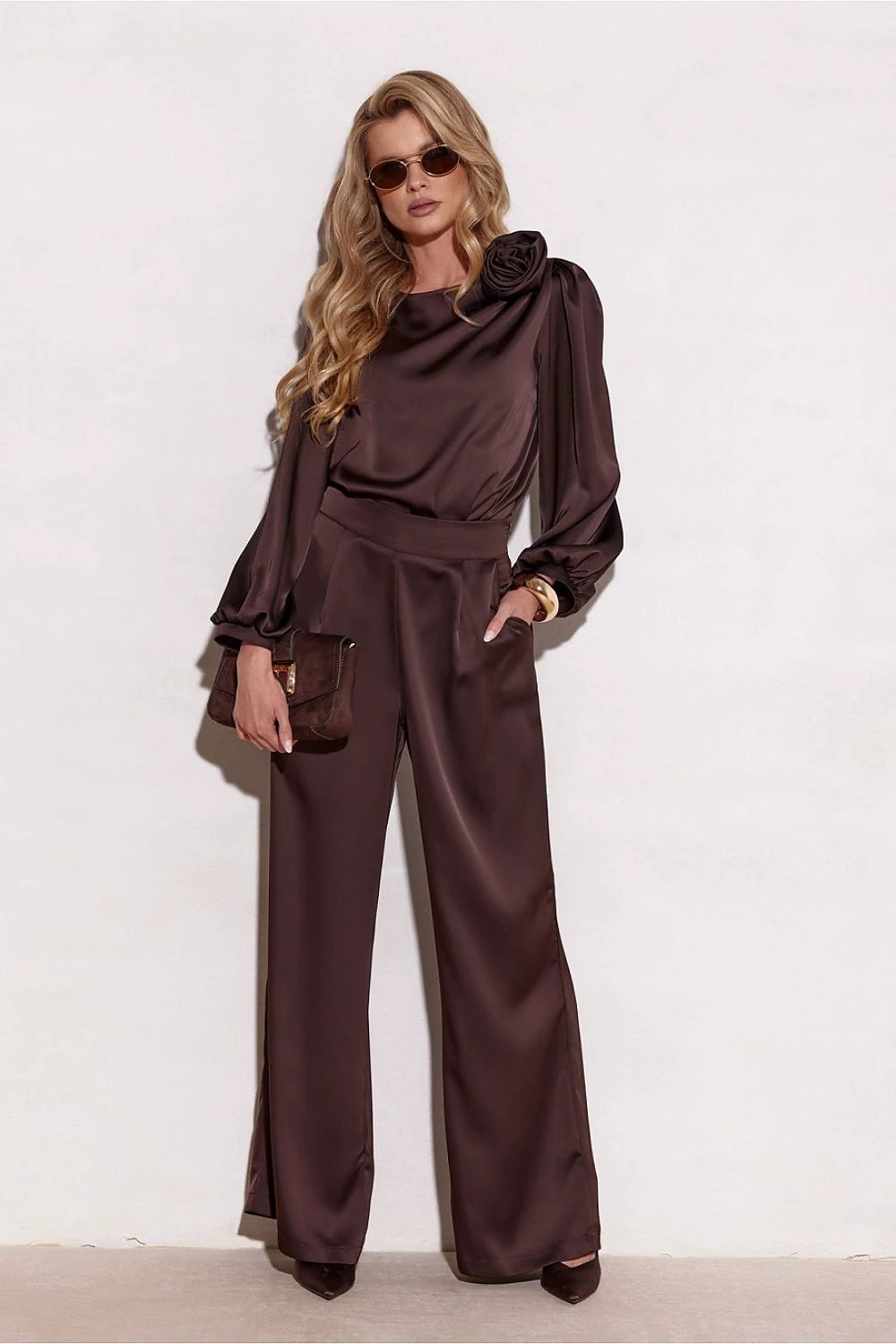 Roco Fashion Evelyn Blouse - Luxurious Satin with Elegant Rose and Puffy Sleeves by Roco Fashion