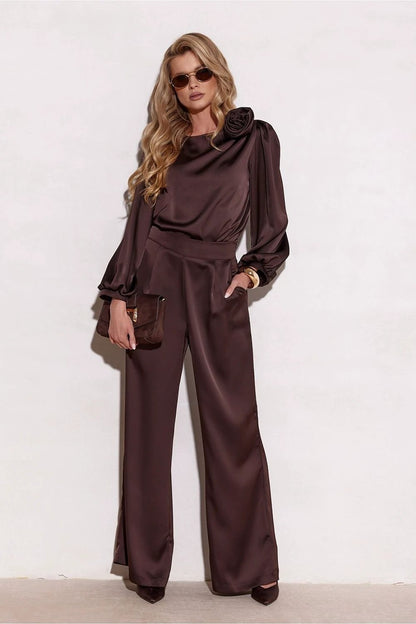 Roco Fashion Evelyn Blouse - Luxurious Satin with Elegant Rose and Puffy Sleeves by Roco Fashion