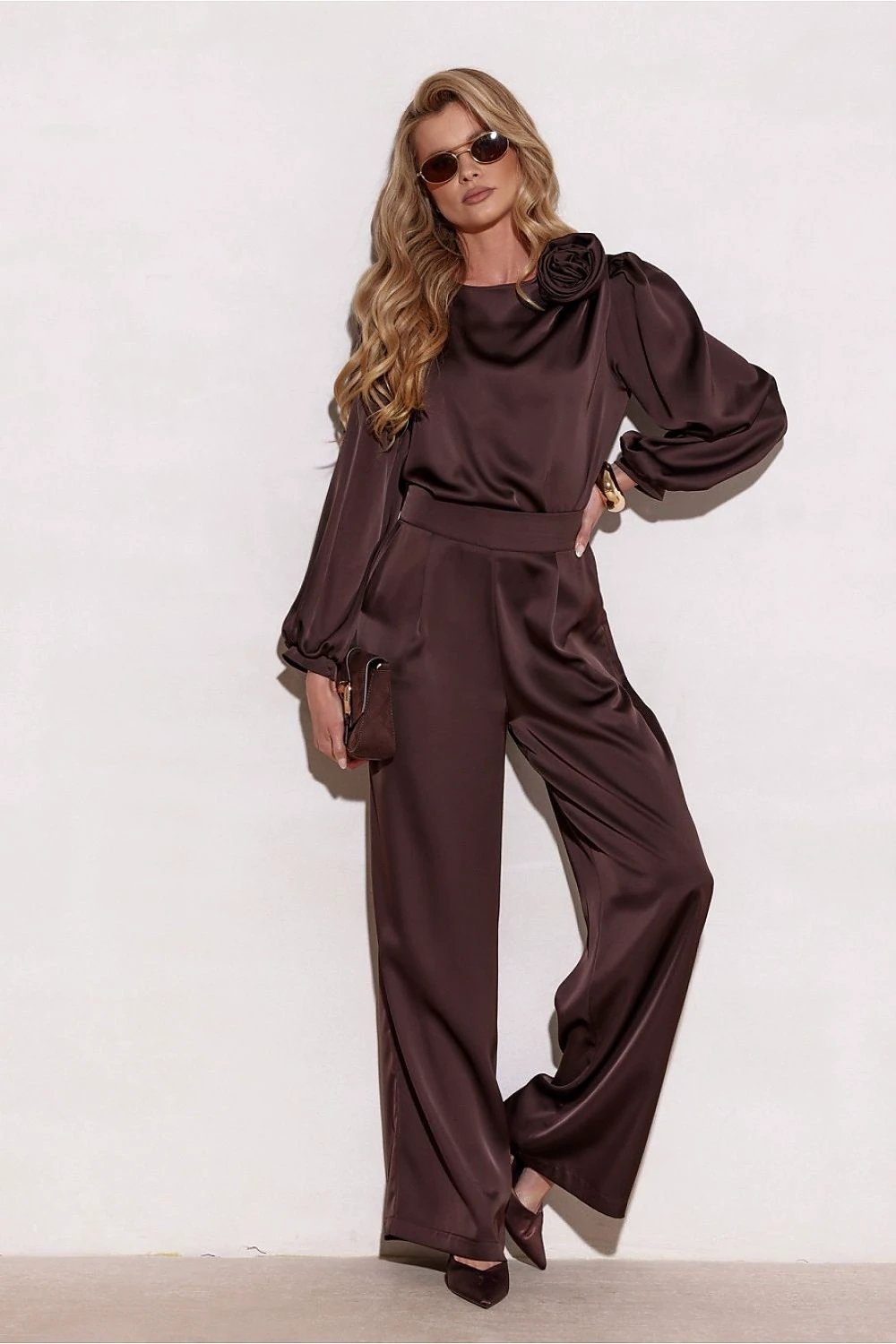 Roco Fashion Evelyn Blouse - Luxurious Satin with Elegant Rose and Puffy Sleeves by Roco Fashion