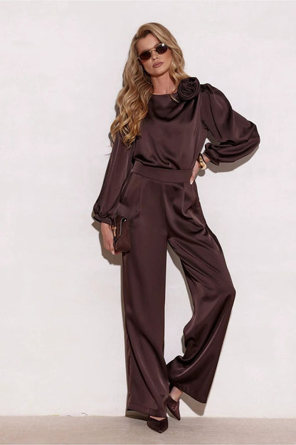 Roco Fashion Evelyn Blouse - Luxurious Satin with Elegant Rose and Puffy Sleeves by Roco Fashion