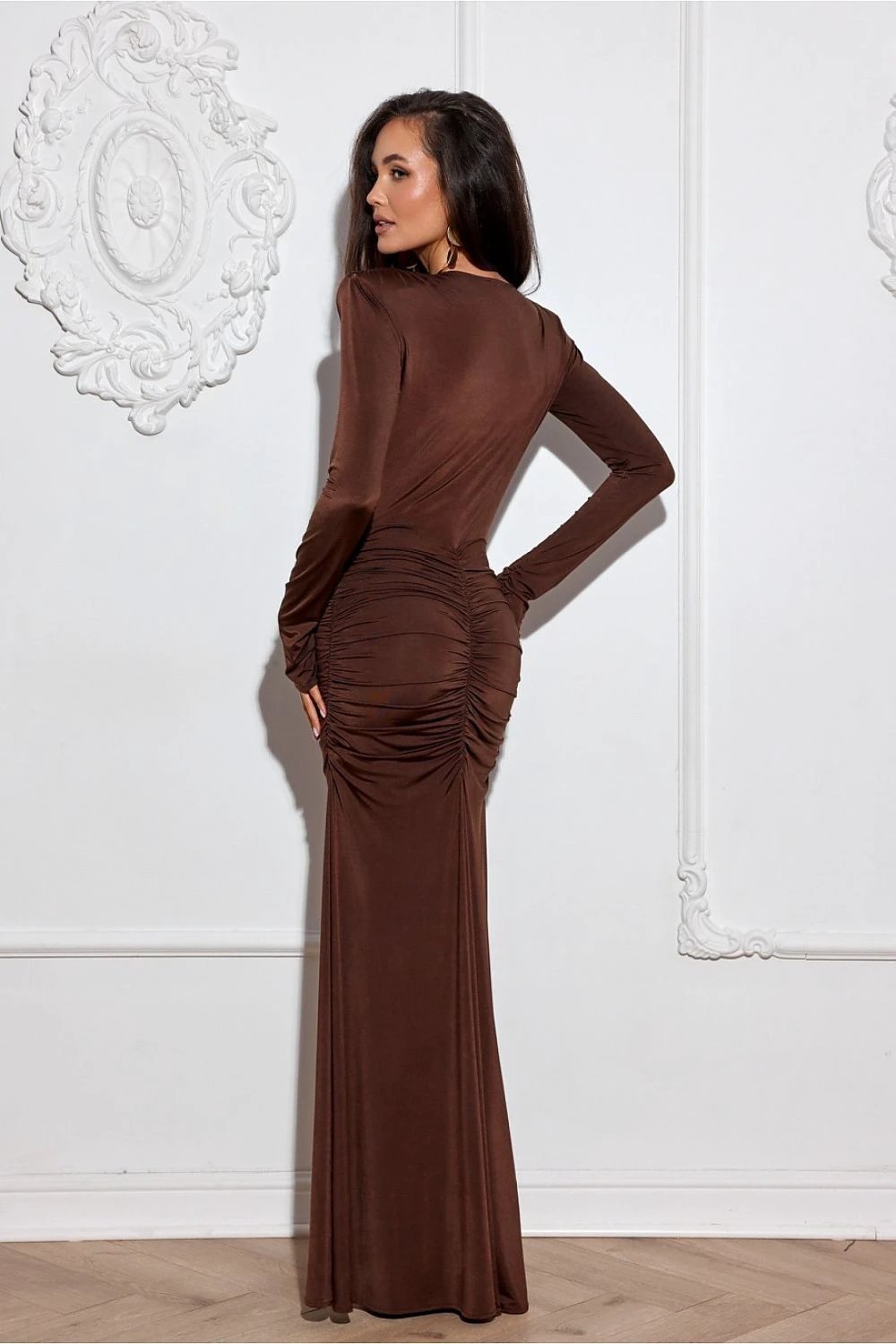 Roco Fashion Long Evening Dress - Elegant Brown Gown with Flattering Ruching, Comfort Fit, and Polish Craftsmanship by Roco Fashion