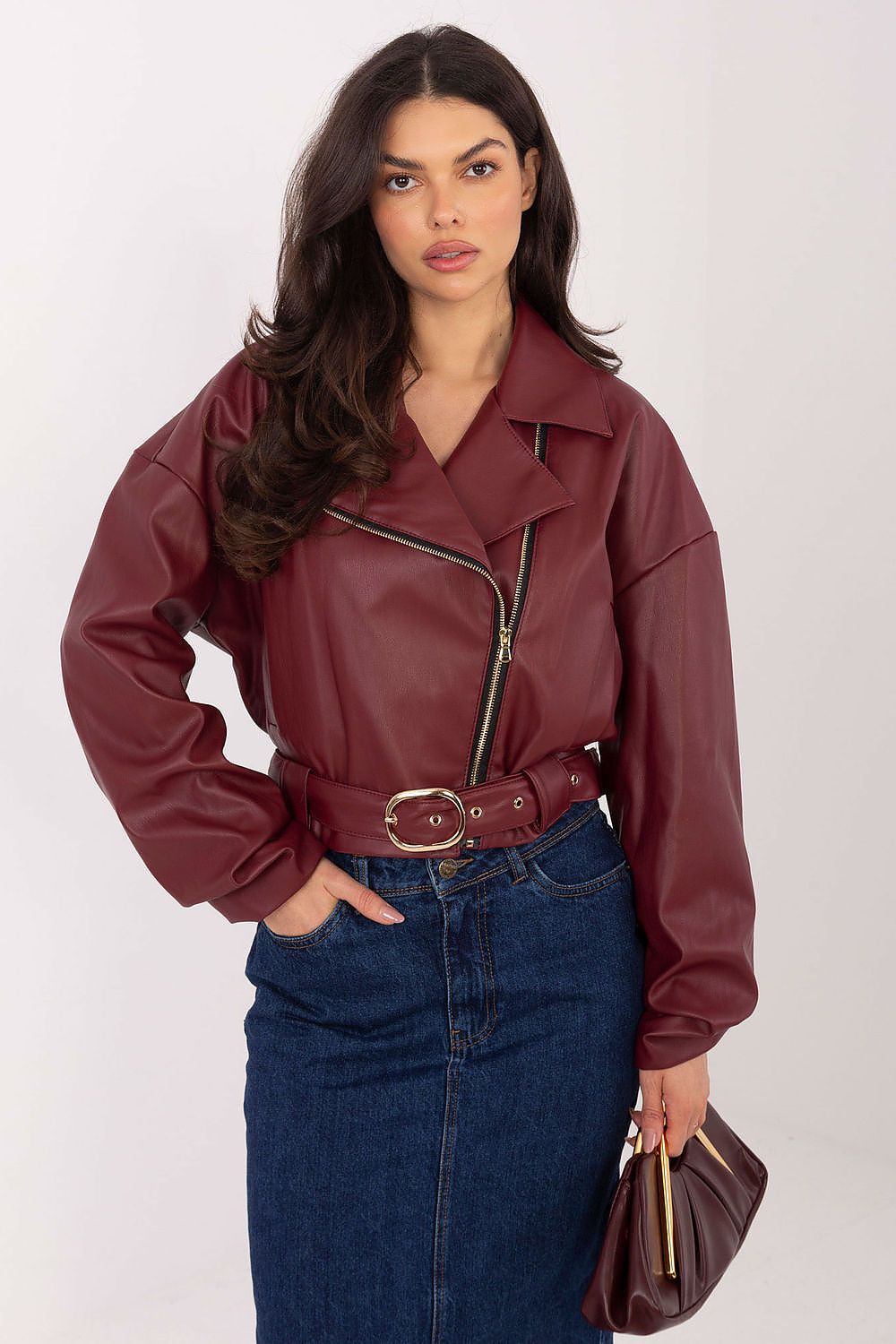 Night Cinch Belted Ruched-Sleeve Faux-Leather Jacket