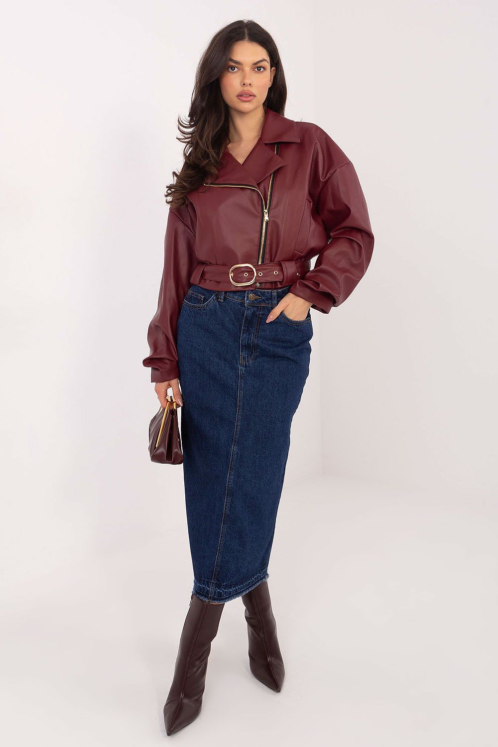 Night Cinch Belted Ruched-Sleeve Faux-Leather Jacket