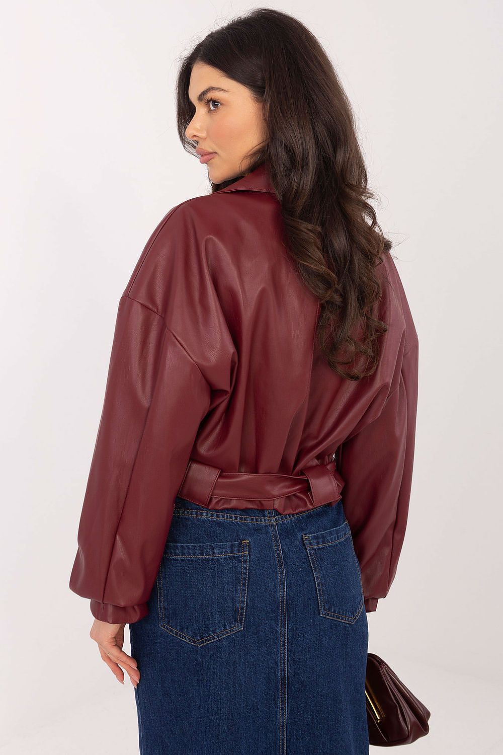 Night Cinch Belted Ruched-Sleeve Faux-Leather Jacket