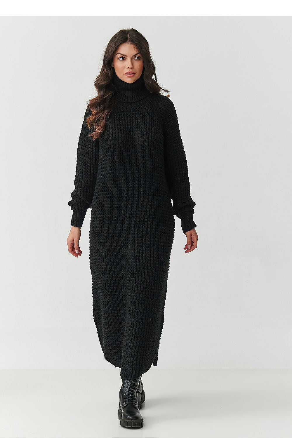 Simone Halo High-Collar Slit Knit Midi Dress