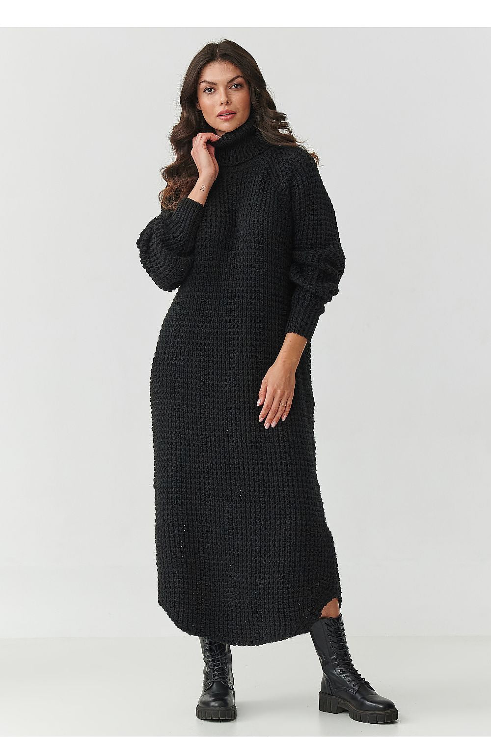Simone Halo High-Collar Slit Knit Midi Dress